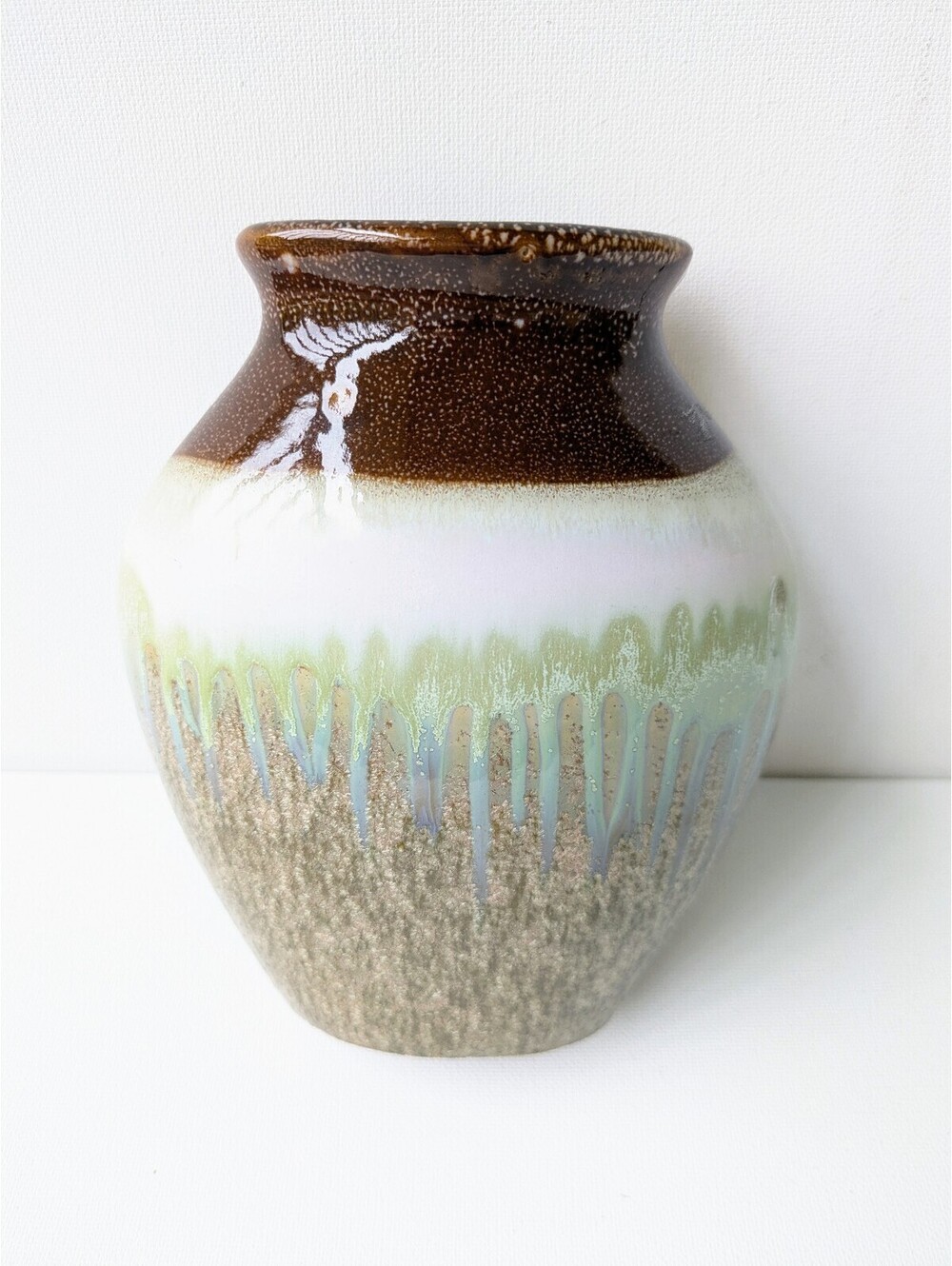 Drip Glaze Narrow Oval Vase in Retro Earthtones, Shelf or Window Sill Sized